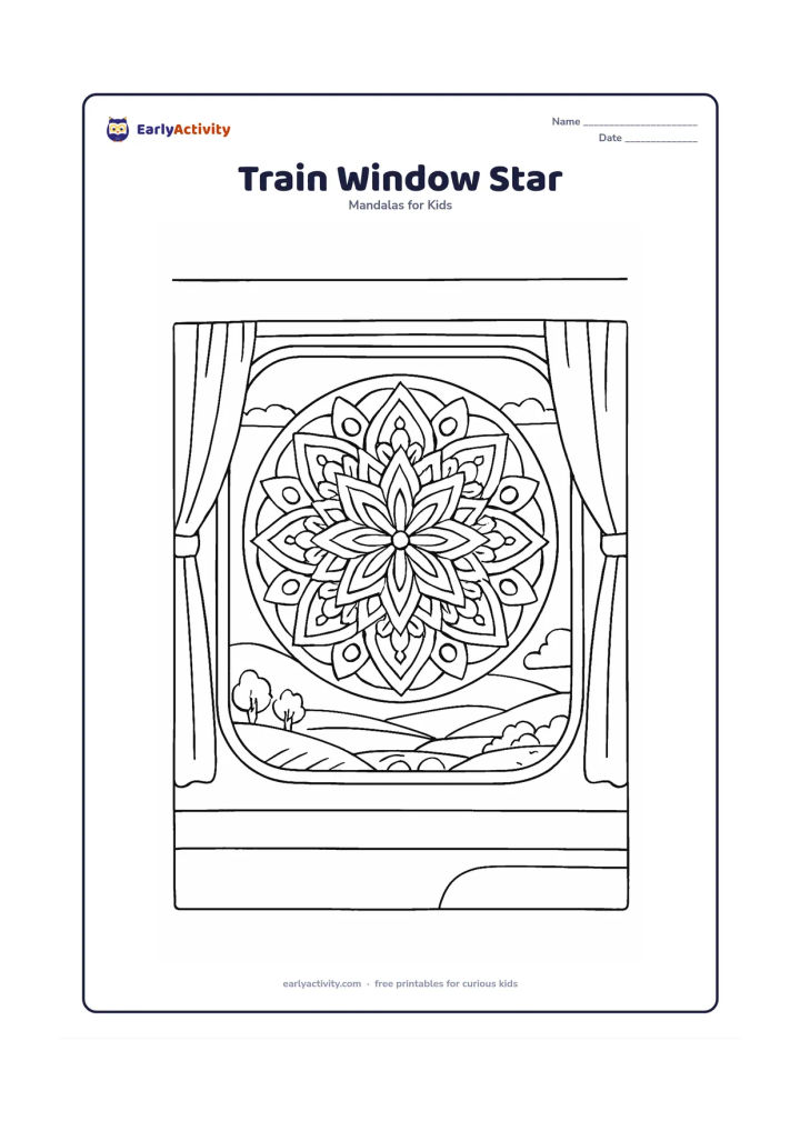 Colouring page: Show a large star mandala inside the rounded window of a moving train, with simple countryside outside: fields, trees, a small bridge and distant hills. Add two plain window curtains…