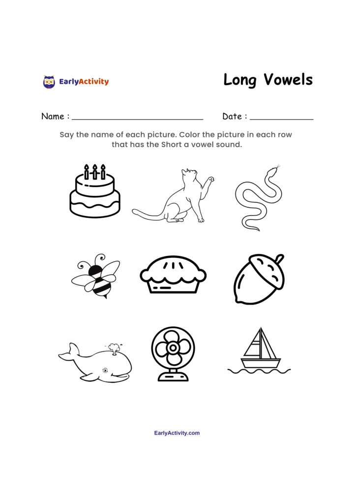 Vowel worksheet with pictures of a cake, cat, snake, bee, pie, acorn, whale, fan and sailboat.