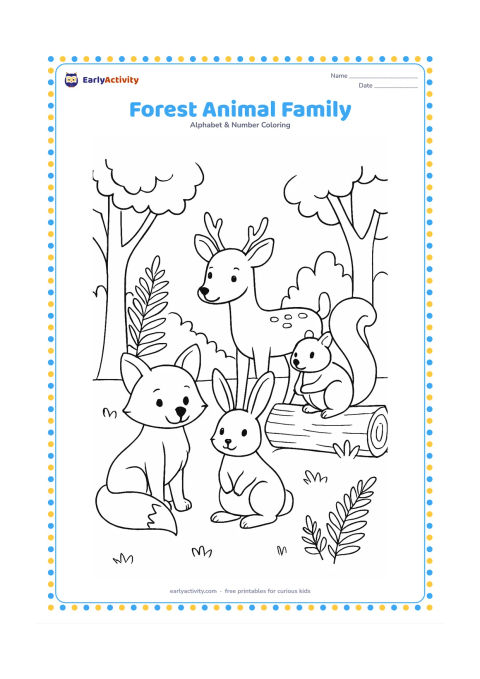 Colouring page: Draw four friendly forest animals, a fox, rabbit, deer and squirrel, standing together in a woodland clearing with trees, ferns and a fallen log. Give each animal a different pose.