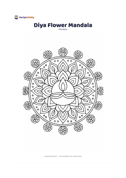 Colouring page: Create a symmetrical circular mandala with a single unlit diya in the centre, surrounded by flower petals, flame-shaped motifs, curved leaves and repeating dots. Add small marigold…