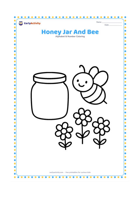 Colouring page: A plain open honey jar sits beside one smiling bee with rounded wings and a few simple flowers underneath. Do not put a label, mark, or writing on the jar.
