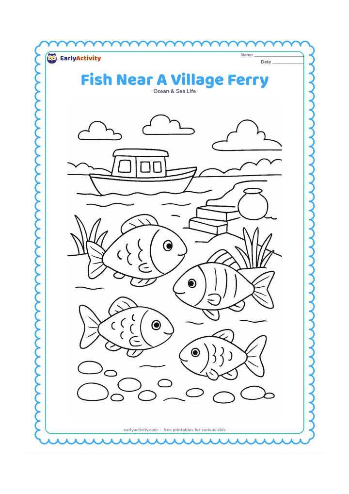 Colouring page: Several friendly freshwater fish swim below a small passenger ferry near stone riverside steps, with water plants, smooth pebbles, and a simple clay pot resting safely on the bank. Give…