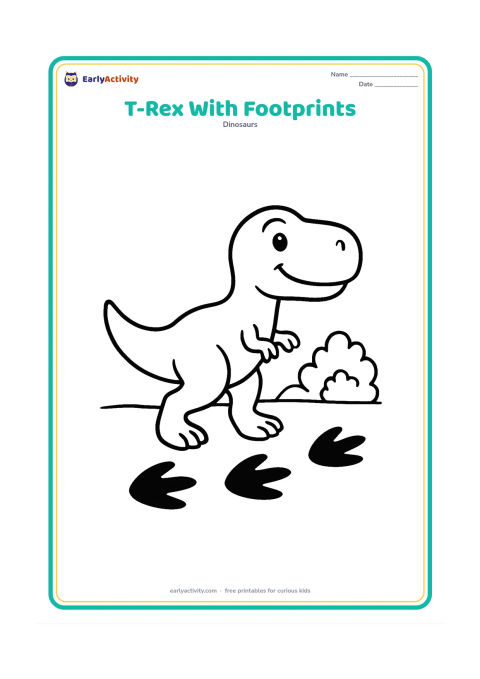 Colouring page: A T-Rex walks from one side of the page while a short trail of three large three-toed footprints follows behind it. Include a bush and a low rocky ridge.