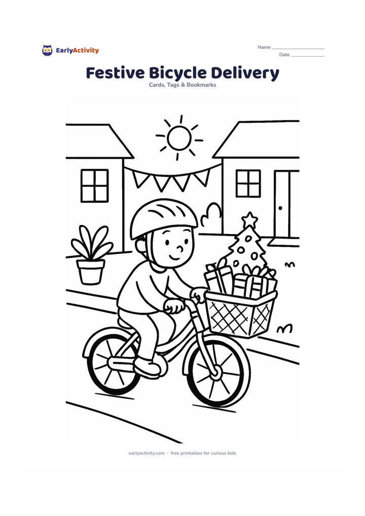 Worksheet: Draw a child riding a bicycle slowly beside a basket filled with handmade Christmas cards and gifts, with a small decorated tree on the bicycle carrier. Add a sunny residential lane,…