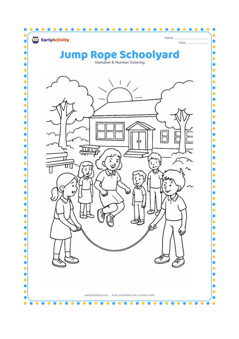 Colouring page: Draw children playing jump rope in a schoolyard during late afternoon, with two children turning the rope, one child jumping, and classmates watching. Add trees, a classroom building,…