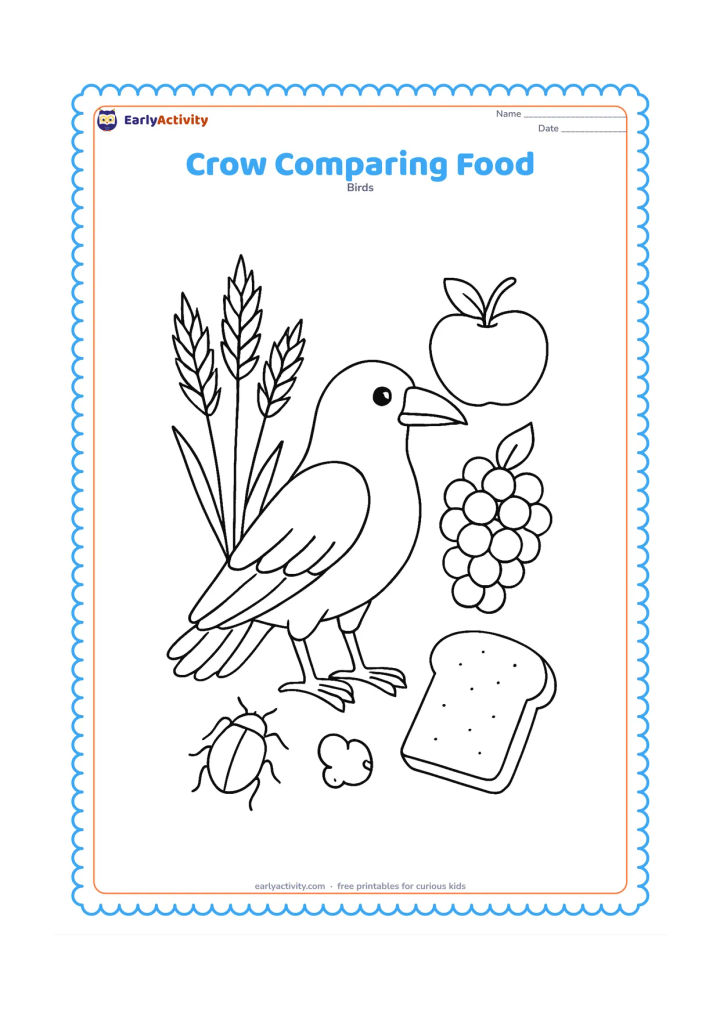 Colouring page: A crow stands in the centre of a nature scene with separate groups of grains, fruit, an insect, and a small food scrap around it.