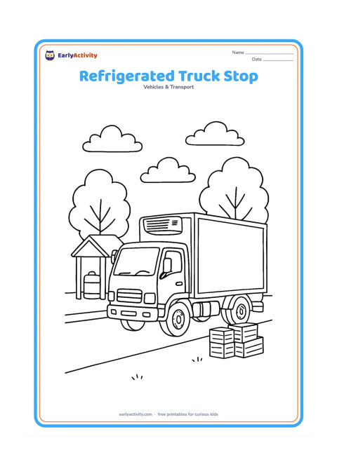 Colouring page: A refrigerated goods truck is parked at a roadside rest stop beside a small shelter, water tank and two trees. Show the cab, insulated trailer, wheels and a few crates near the rear door.