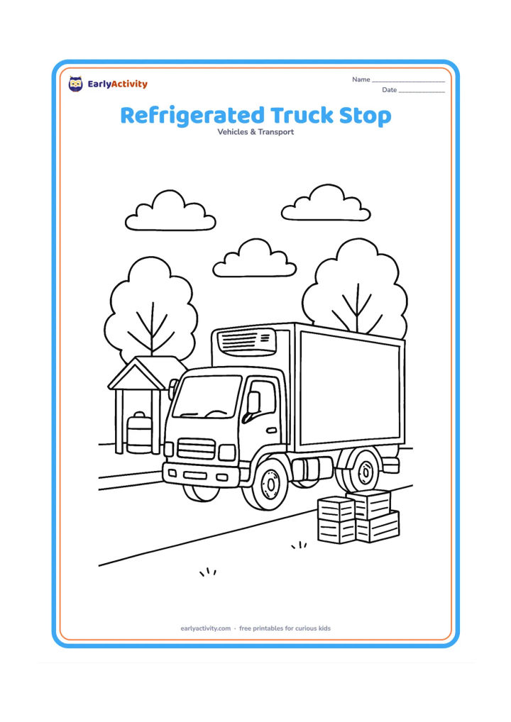 Colouring page: A refrigerated goods truck is parked at a roadside rest stop beside a small shelter, water tank and two trees. Show the cab, insulated trailer, wheels and a few crates near the rear door.