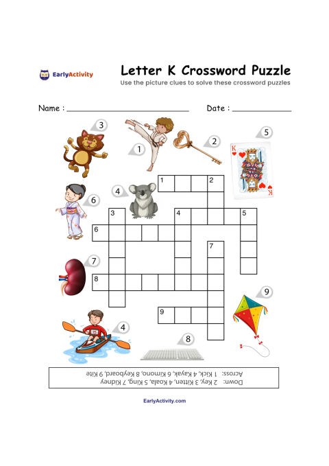 Worksheet with a Letter K crossword grid and picture clues including a monkey, karate, king, child, koala, kidney, kite, and kayaker.