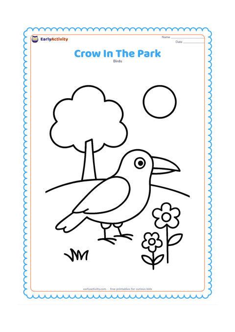 Colouring page: A crow stands on grass in a park with one large tree, two simple flowers, and a round sun.
