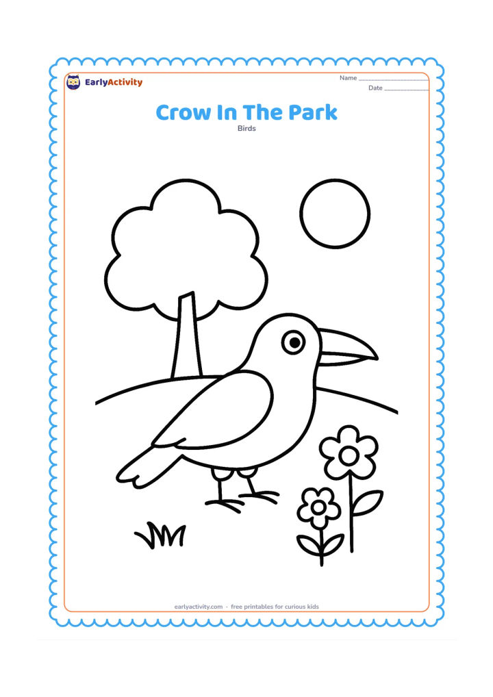 Colouring page: A crow stands on grass in a park with one large tree, two simple flowers, and a round sun.