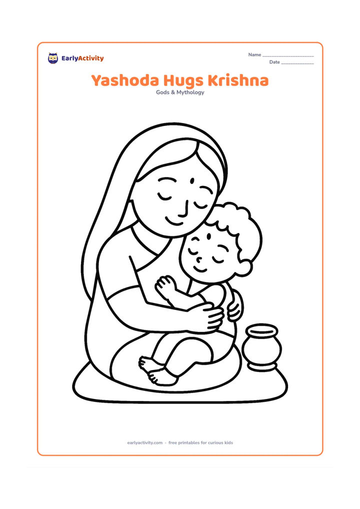 Colouring page: Mother Yashoda gently hugs baby Krishna while sitting on a plain mat, with a small butter pot beside them. Show both figures from the waist up in a warm family scene.