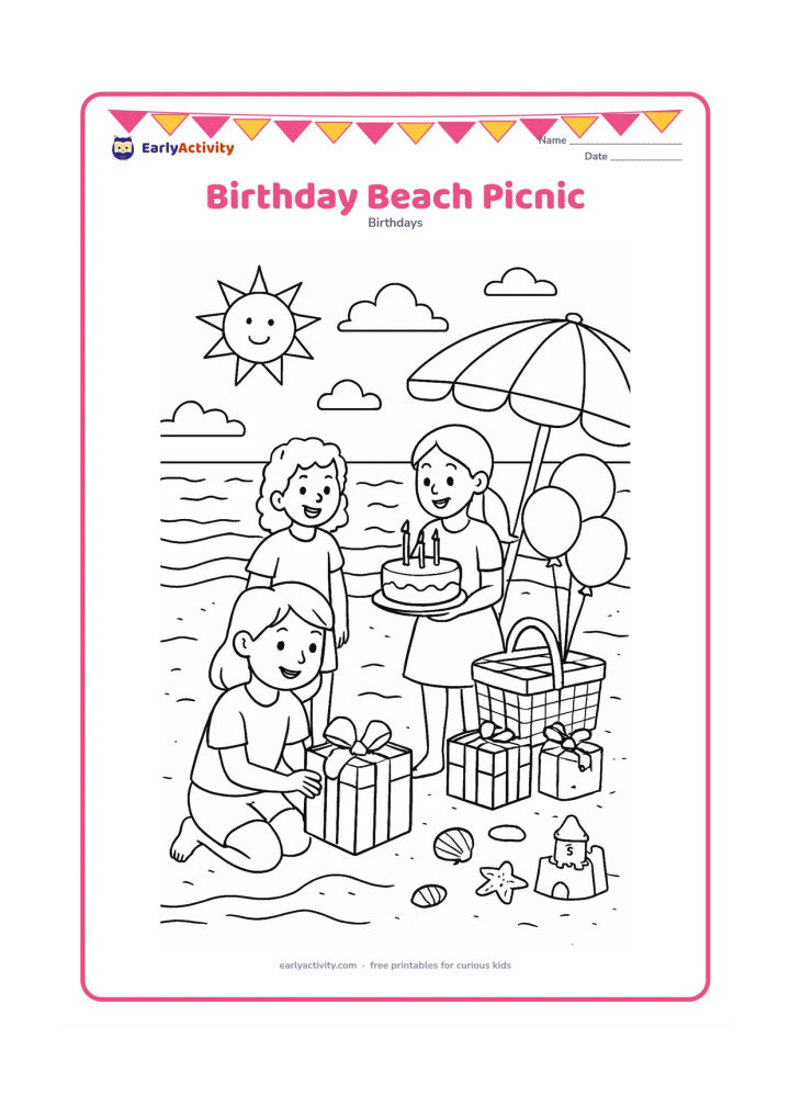 Colouring page: Friends celebrate a birthday on a beach with a cake, gifts, balloons tied to a picnic basket, shells, a sunshade, waves, and a small sandcastle. One child opens a present while another…