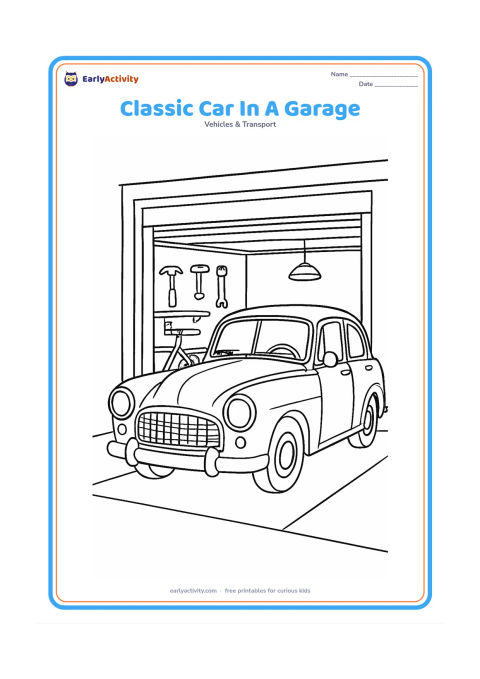 Colouring page: Draw a charming older-style car parked inside a home garage, viewed from the front three-quarter angle. Include an open garage door, shelves with simple tools, a bicycle and a hanging…