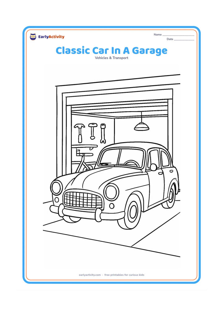 Colouring page: Draw a charming older-style car parked inside a home garage, viewed from the front three-quarter angle. Include an open garage door, shelves with simple tools, a bicycle and a hanging…
