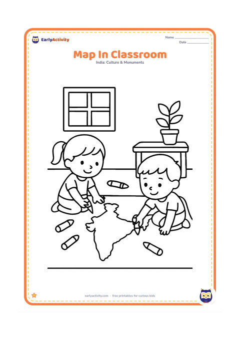 Colouring page: Show two young children colouring a large India outline on the floor, with a low table, crayons, a window, and a potted plant in the background. The map has only a clear outer outline.