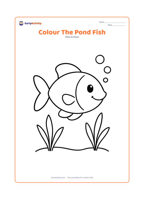 Worksheet: Show one large friendly fish with a bold outline swimming above two simple pond plants and three round bubbles. Keep the fish unpatterned so children can colour the body and fins freely.
