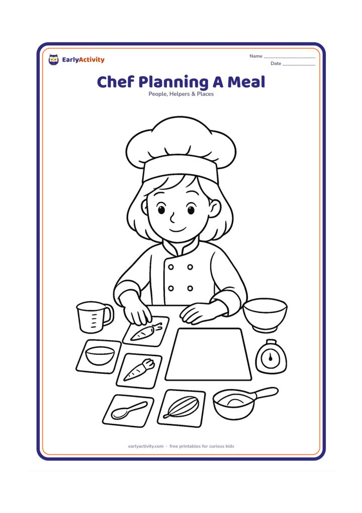 Colouring page: An older child chef sits at a kitchen table arranging picture cards of a bowl, carrot, spoon, and whisk beside a blank recipe sheet. Include measuring cups, a timer with no numbers, and…