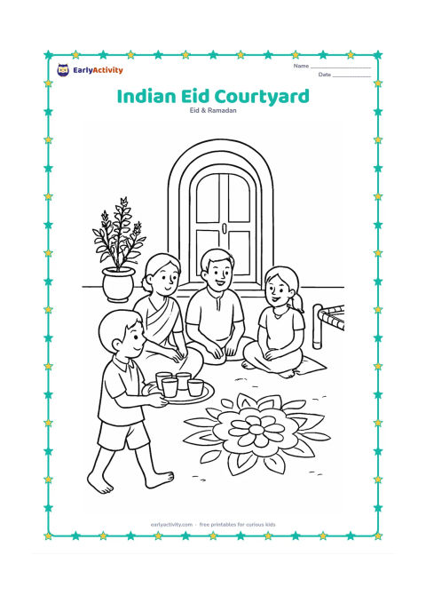 Colouring page: A family gathers in an Indian home courtyard with a doorway, potted tulsi plant, charpai and simple floor decoration. One child carries a tray of cups toward the seated adults.