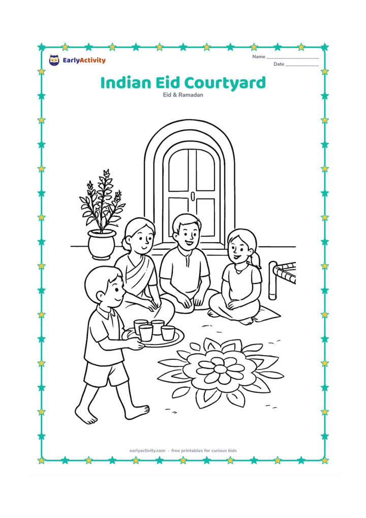 Colouring page: A family gathers in an Indian home courtyard with a doorway, potted tulsi plant, charpai and simple floor decoration. One child carries a tray of cups toward the seated adults.