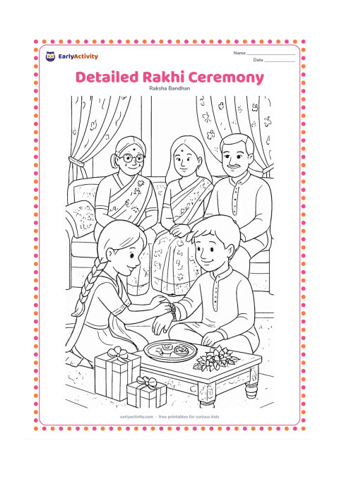 Colouring page: A detailed family scene shows a sister tying a patterned rakhi on her brother's wrist while parents and grandparents watch. Set the ceremony in an Indian living room with cushions,…