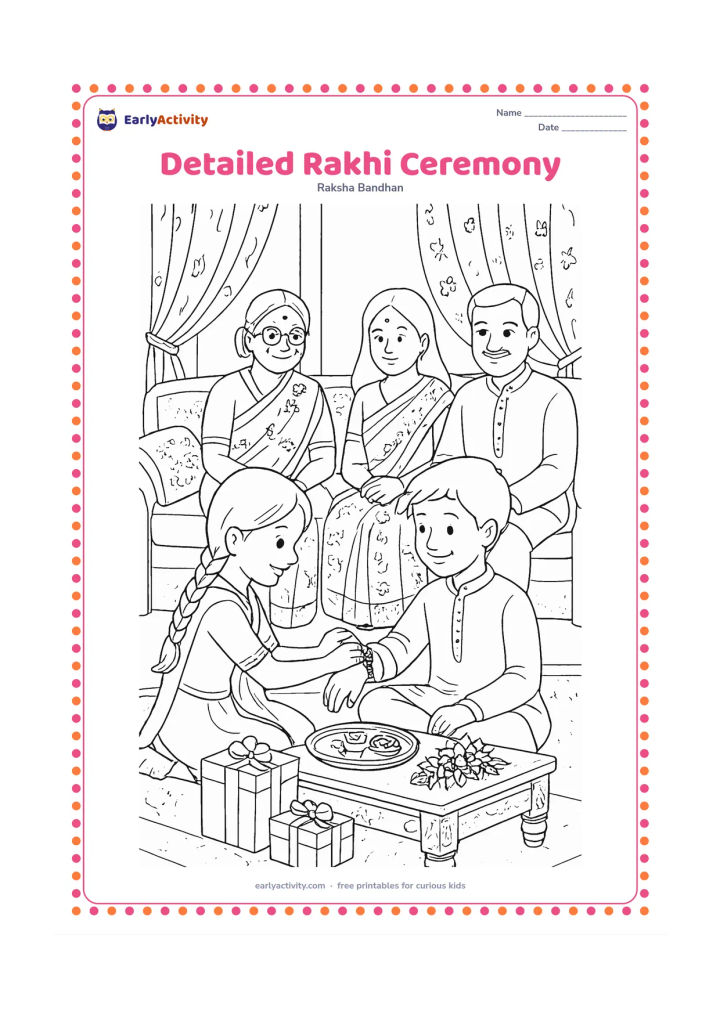 Colouring page: A detailed family scene shows a sister tying a patterned rakhi on her brother's wrist while parents and grandparents watch. Set the ceremony in an Indian living room with cushions,…