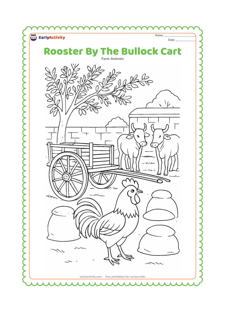 Colouring page: Draw a rooster standing beside a parked Indian bullock cart in a village farmyard. Include wooden spokes, two calm bullocks in the background, grain sacks without markings, a neem tree…