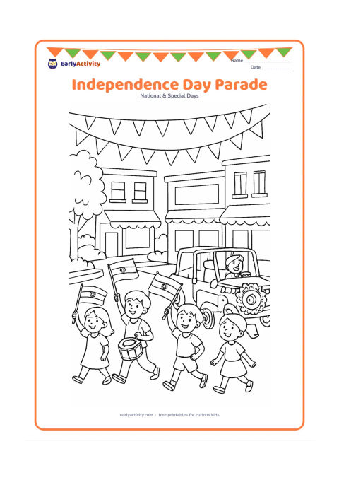 Colouring page: Draw a cheerful parade moving along a town street, with children carrying Indian flags, a marching drum, and a decorated open vehicle. Include shop fronts, trees and overhead bunting…