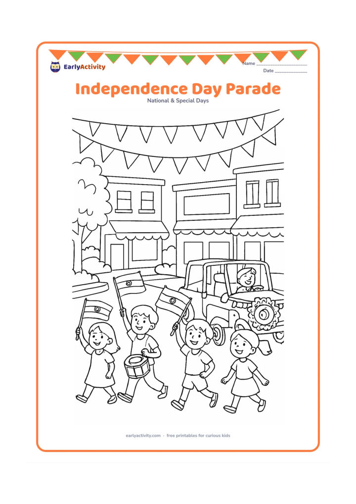 Colouring page: Draw a cheerful parade moving along a town street, with children carrying Indian flags, a marching drum, and a decorated open vehicle. Include shop fronts, trees and overhead bunting…