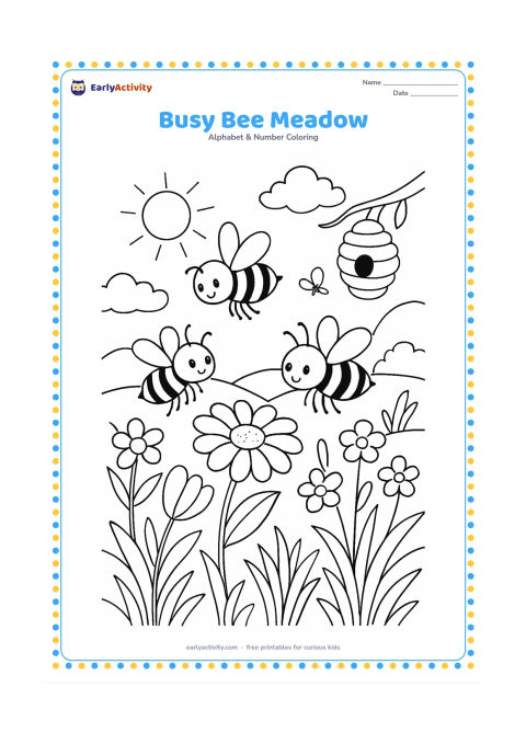 Colouring page: Draw several bees moving between different wildflowers in a sunny meadow, including one bee collecting pollen and another flying toward a hive in the distance. Add layered grasses,…