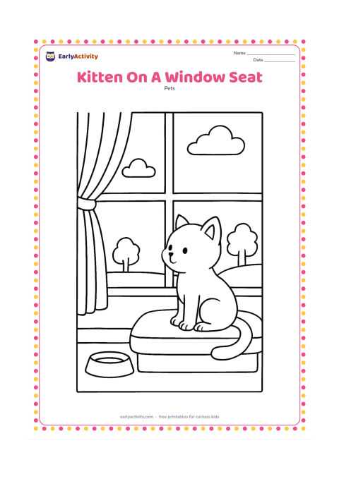 Colouring page: A kitten sits on a cushioned window seat, looking outside at two clouds and a small tree. Include a food bowl on the floor and a curtain with broad folds.