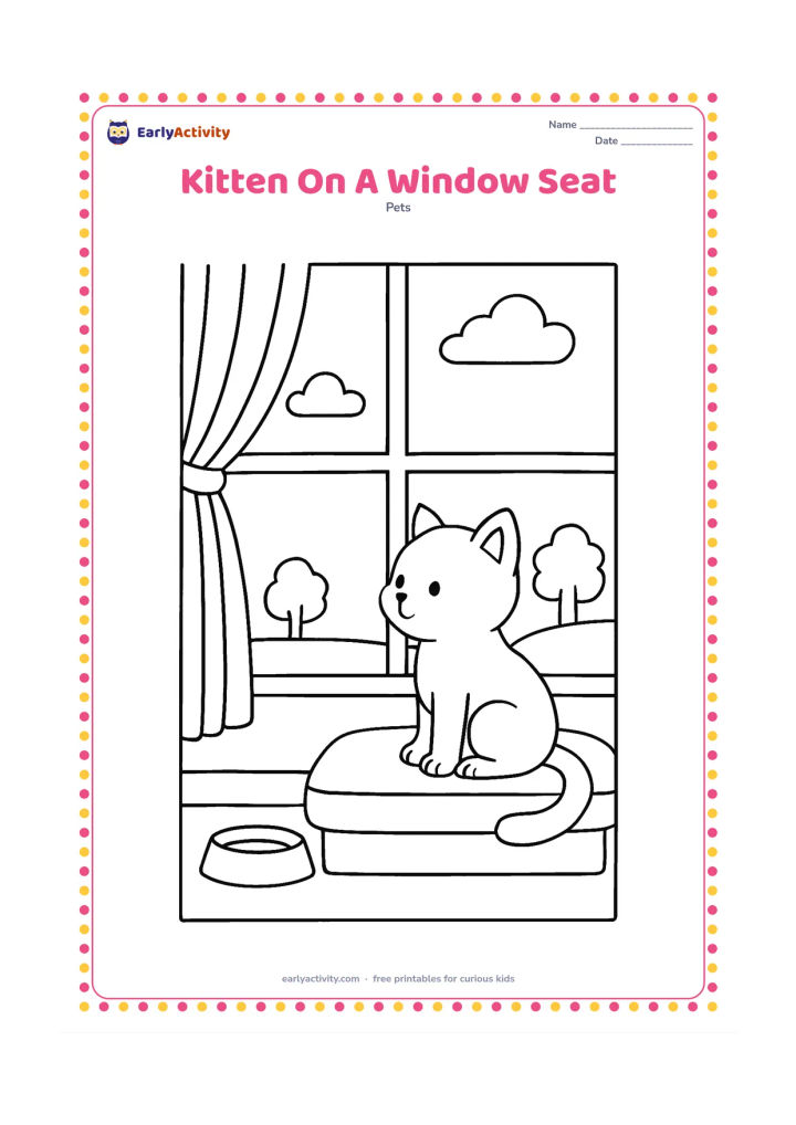 Colouring page: A kitten sits on a cushioned window seat, looking outside at two clouds and a small tree. Include a food bowl on the floor and a curtain with broad folds.