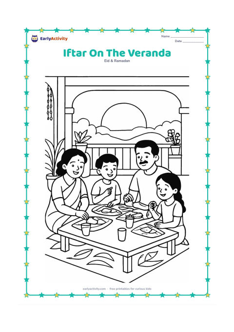 Colouring page: A family shares an evening meal on an Indian home veranda, with a low table, steel cups, banana leaves, potted plants, and a warm sunset outside.