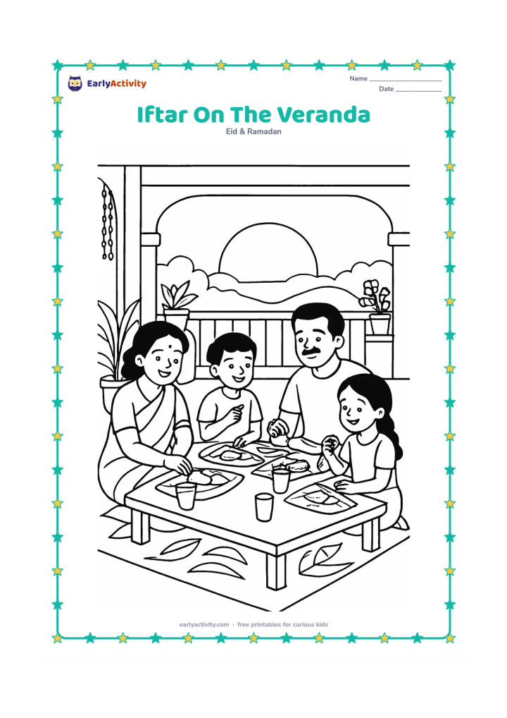 Colouring page: A family shares an evening meal on an Indian home veranda, with a low table, steel cups, banana leaves, potted plants, and a warm sunset outside.
