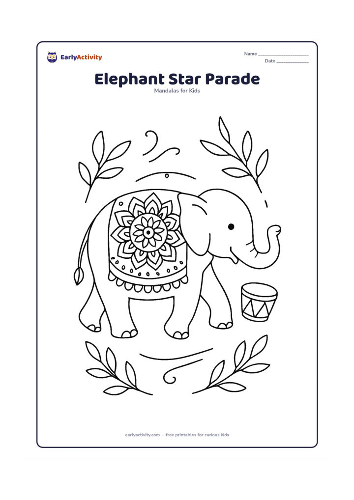 Colouring page: Place a layered star mandala on a decorated cloth over a friendly walking elephant. Surround it with simple leaf branches, a small drum and curved parade lines, but no lettering on the…