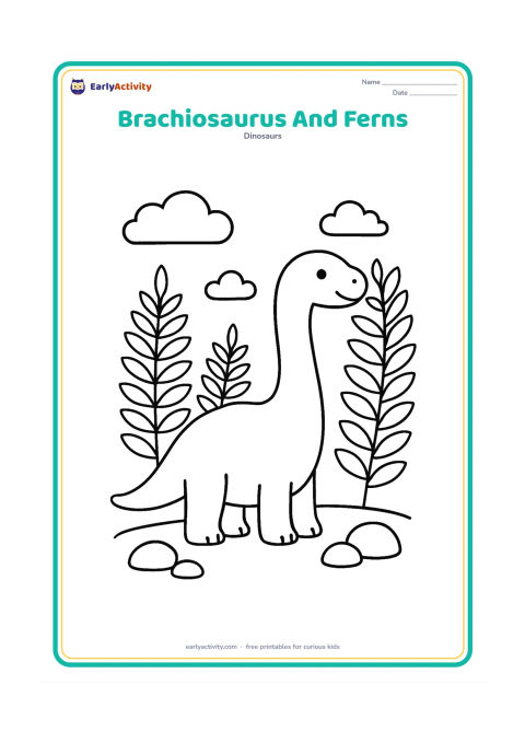 Colouring page: A friendly brachiosaurus stands beside several tall ferns, stretching its long neck toward leaves. Use large open shapes with a few rounded rocks and clouds around the dinosaur.