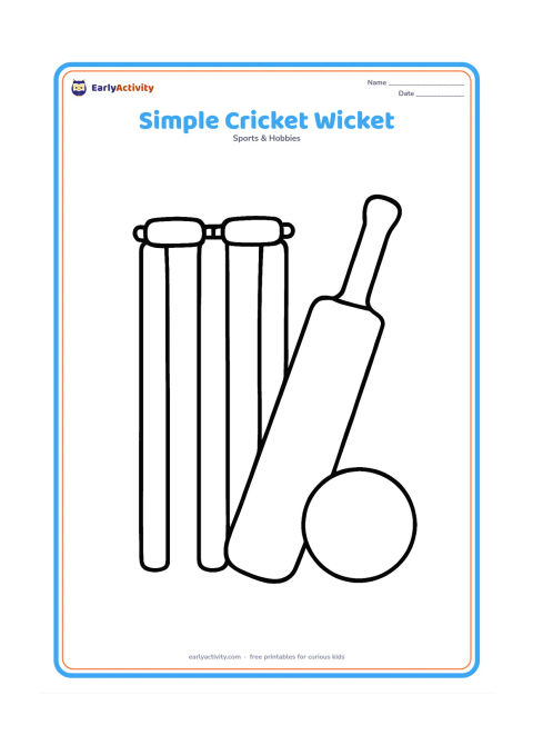 Colouring page: A front-facing cricket wicket with three thick stumps and two bails, a bat leaning beside it, and one large ball nearby. Use a blank background.