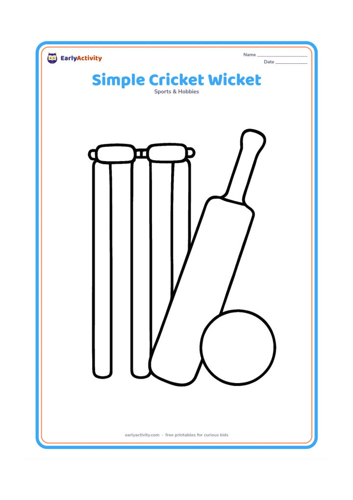 Colouring page: A front-facing cricket wicket with three thick stumps and two bails, a bat leaning beside it, and one large ball nearby. Use a blank background.