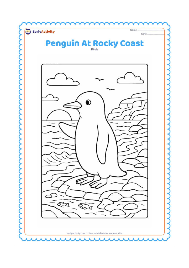 Colouring page: Draw a penguin standing on a rocky Southern Hemisphere coast at sunset, with foamy waves, tide pools containing small fish, seabirds in the distance, layered cliffs, and a warm low sun.…