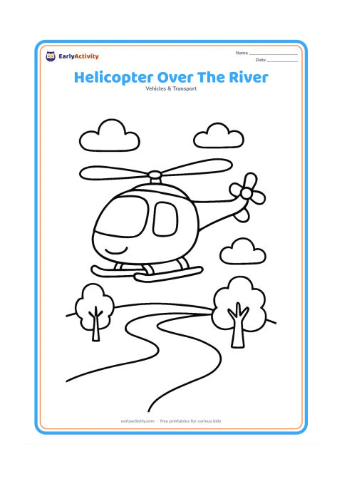 Colouring page: Draw a helicopter hovering above a wide winding river with rounded banks, two trees and a few clouds. Show the underside, landing skids and large spinning rotor blades.