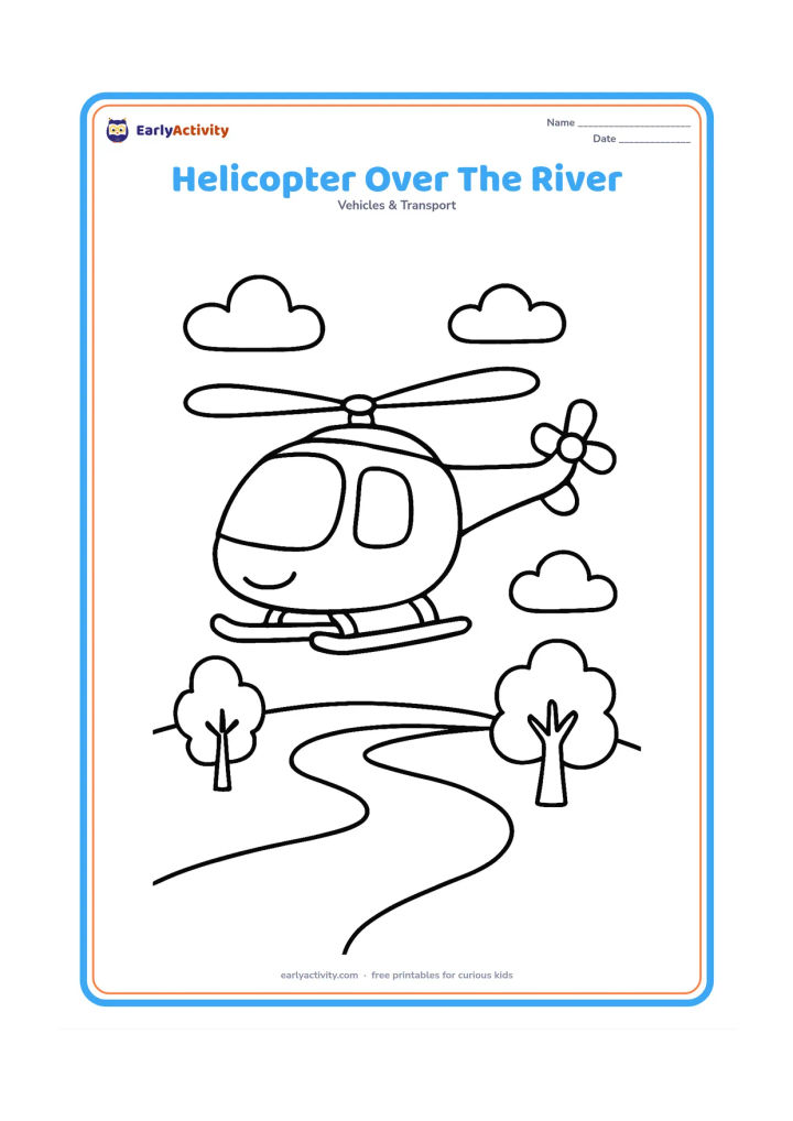 Colouring page: Draw a helicopter hovering above a wide winding river with rounded banks, two trees and a few clouds. Show the underside, landing skids and large spinning rotor blades.
