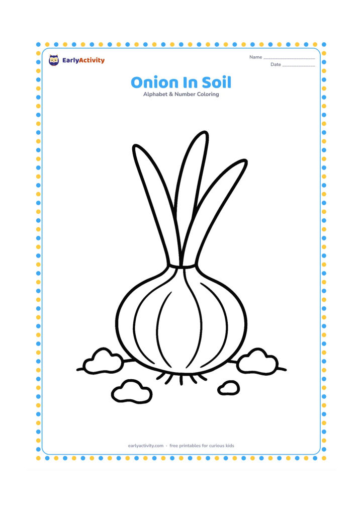 Colouring page: Draw one large onion partly above a simple patch of soil, with three broad green shoots and two chunky soil clumps beside it. Keep the onion whole and easy to recognise.