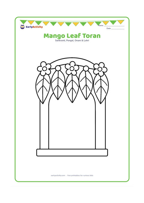 Colouring page: A simple row of large mango leaves hanging from a doorway, with a few round flowers between the leaves.