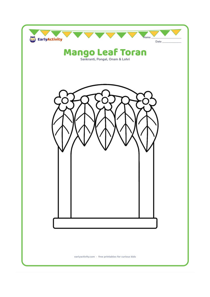 Colouring page: A simple row of large mango leaves hanging from a doorway, with a few round flowers between the leaves.