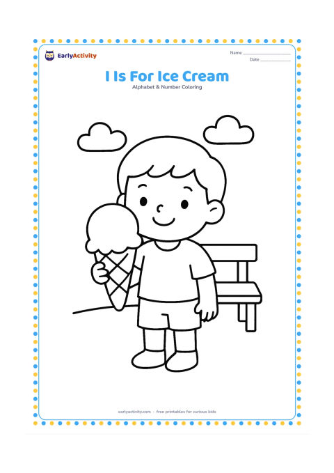 Colouring page: Draw a child holding one large ice-cream cone outdoors, with a simple bench and two clouds behind. Give the cone and scoop clear rounded outlines.