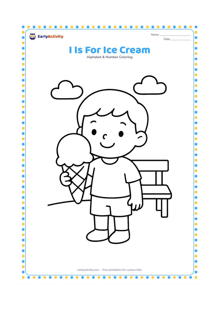 Colouring page: Draw a child holding one large ice-cream cone outdoors, with a simple bench and two clouds behind. Give the cone and scoop clear rounded outlines.
