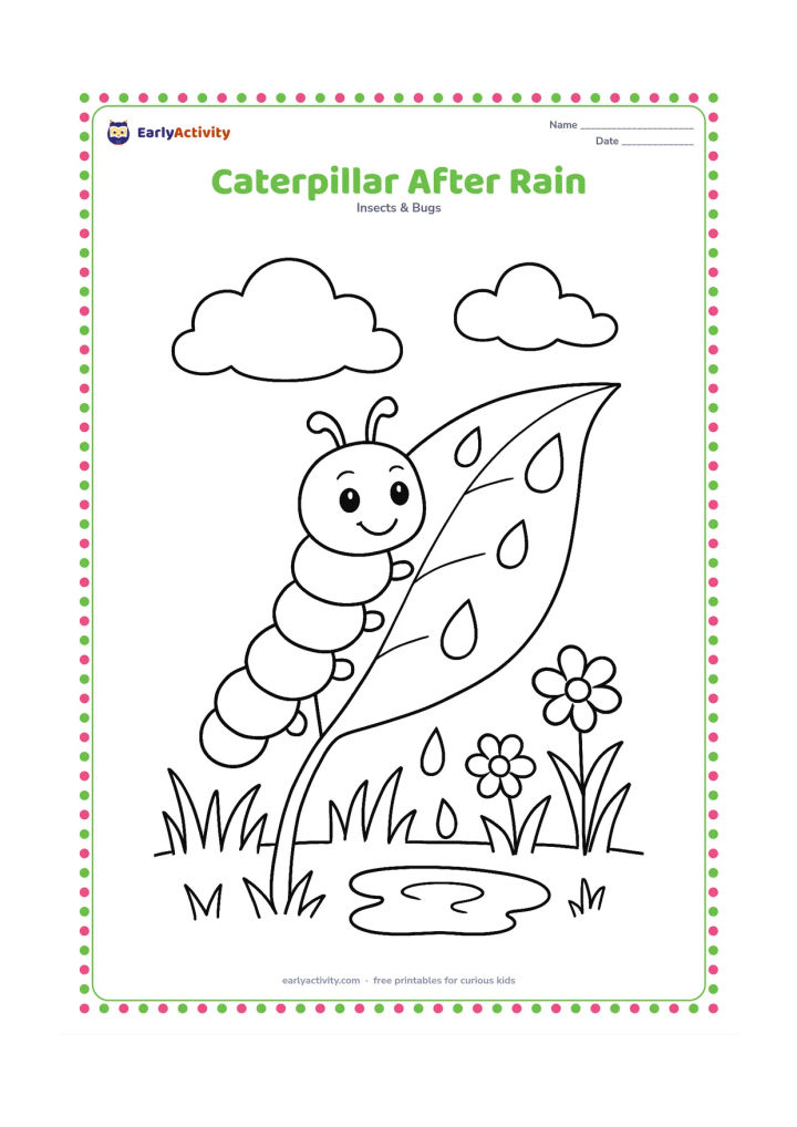 Colouring page: Draw a caterpillar climbing a wet leaf after rainfall, with rounded water drops on the leaf and a small puddle below. Add fresh grass, two flowers, and a partly cloudy sky.
