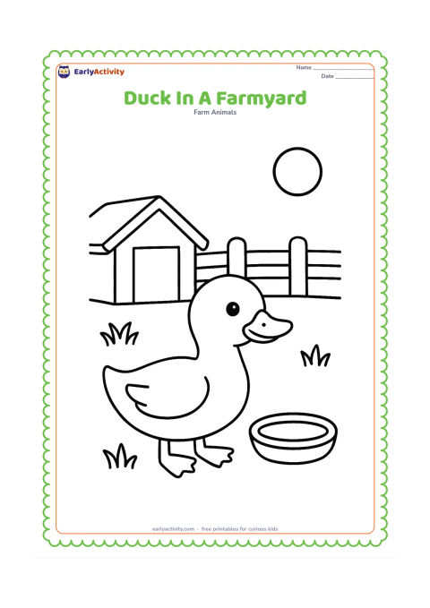Colouring page: A friendly duck stands in a farmyard beside a low wooden shelter and a shallow water bowl. Add a fence section, a few grass tufts and a round sun in the sky.