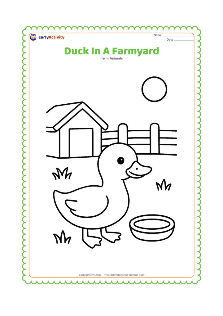 Colouring page: A friendly duck stands in a farmyard beside a low wooden shelter and a shallow water bowl. Add a fence section, a few grass tufts and a round sun in the sky.
