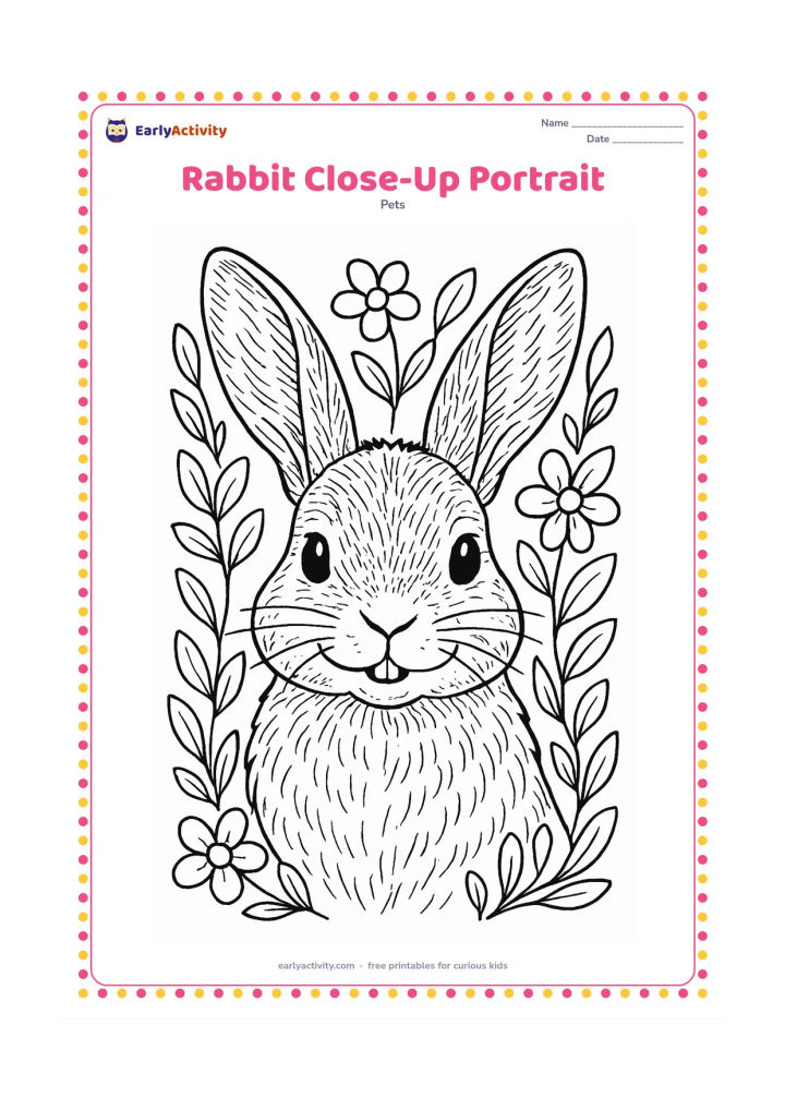 Colouring page: A close-up rabbit portrait fills the page from the shoulders upward, with long ears, bright eyes, whiskers, a nose, front teeth slightly visible and layered fur texture. Frame the…